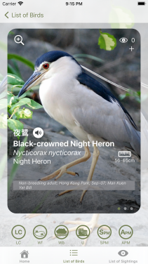 應用程式提供有關每種雀鳥的詳盡資訊，包括雀鳥的大小、特徵、棲息地、瀕危等級及叫聲等。